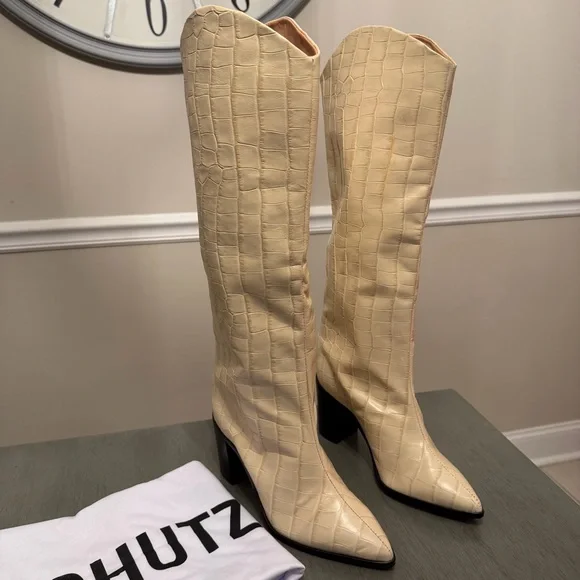 SCHUTZ Maryana Block Heel Boot Ivory Croc Embossed Leather Cowboy Knee High 6B - Picture 9 of 12